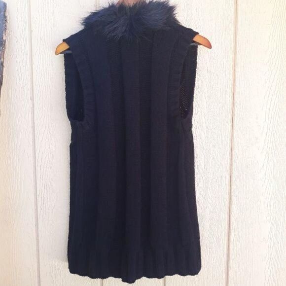 Style & Co Wool Thick Cable Knit Faux Fur Trim Open Cardigan Tunic Black Sz XS - Picture 2 of 8